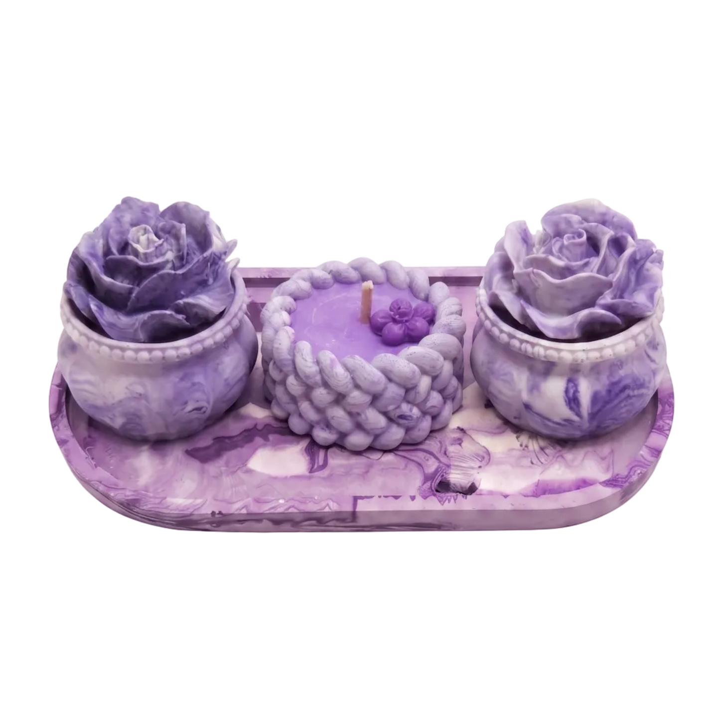 מארז מתנה יוקרתי, נרות ריחניים, ג'סמונייט, (Jesmonite) ,   עיצוב הבית, מתנה לאישה, מארז מתנה סגול, נר לבנדר, עיצוב בעבודת יד, קופסאות אחסון דקורטיביות.