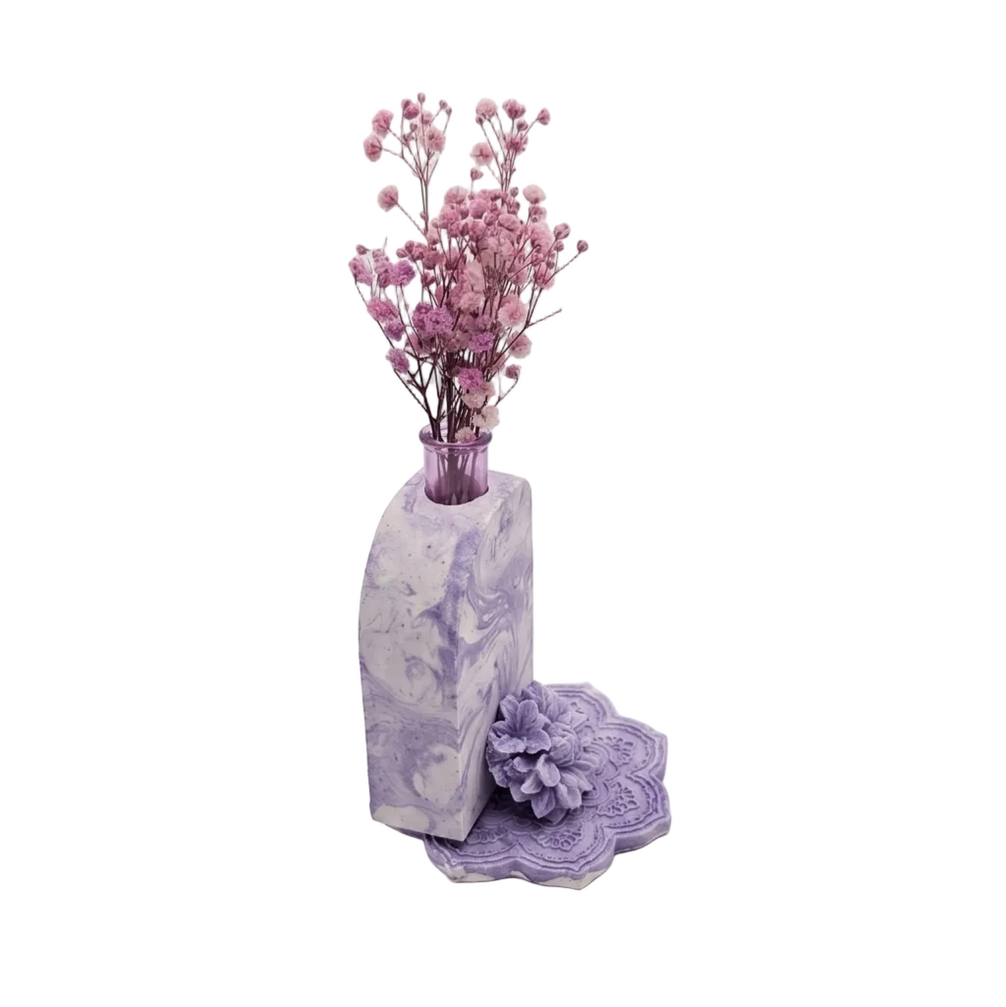 Decorative vase with pink flowers on a white background
