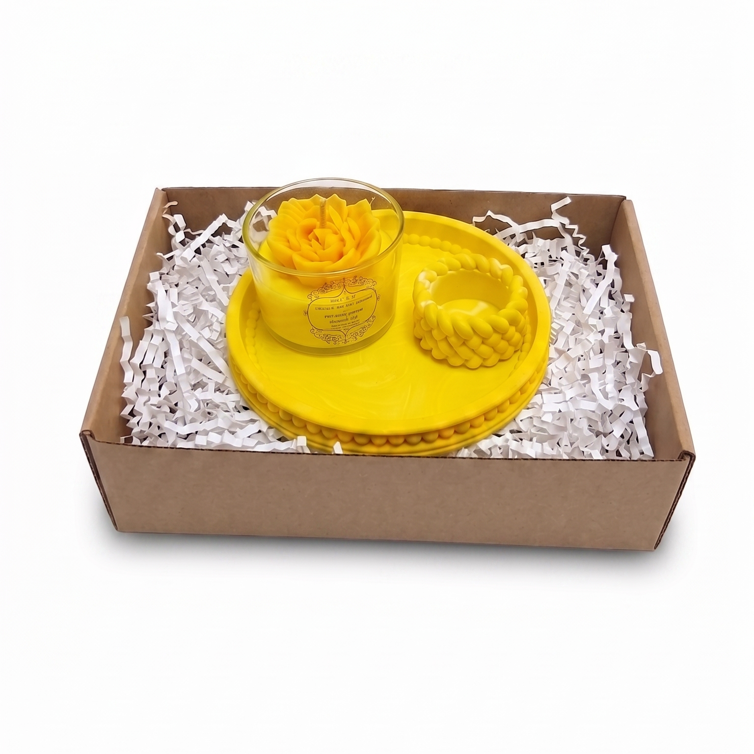 מארז מתנה צהוב, עיצוב הבית לקיץ, ג'סמונייט, (Jesmonite) ,   מתנה מעוצבת לאישה, נרות בעבודת יד, מגש דקורטיבי, קופסת תכשיטים, מארזי שי מרעננים, קישוט צהוב לבית.